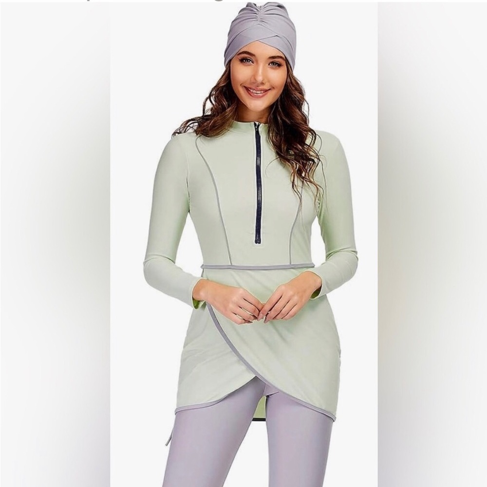 Women Modest Muslim Swimwear Patchwork Hijab Sport Long Sleeves Swimsuit 3pcs